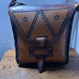 Vintage Handmade Brown Leather Floral Tooled Crossbody Bag